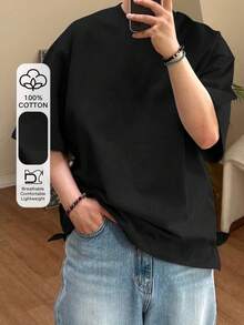 DAZY 男士夏季純色圓領寬鬆短袖休閒T恤 - 黑色 - 查看 1