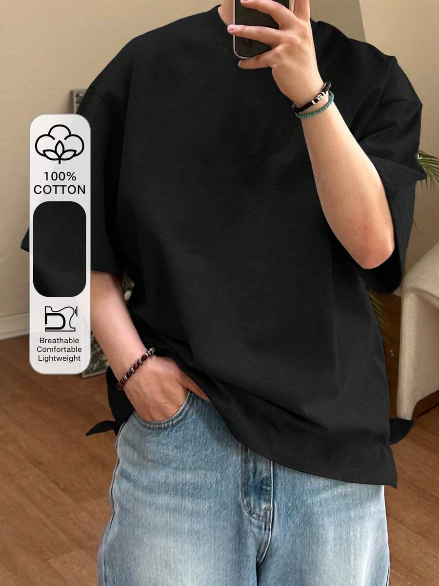 DAZY 男士夏季純色圓領寬鬆短袖休閒T恤 - 黑色 - 查看 1