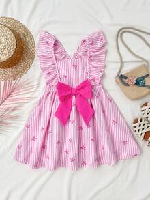 SHEIN Đầm thường ngày cho bé gái, kiểu dáng sọc, cổ vuông, xếp ly, thắt nơ. - Hồng - Xem 2