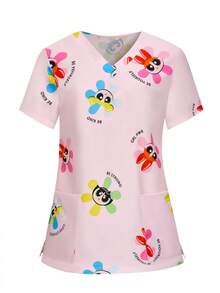 PopScrub THE POWERPUFF GIRLS X SHEIN Women's Short Sleeve Floral Print Nurse Scrub, Pocket Design Short Sleeve Scrub Top - Baby Pink - View 9