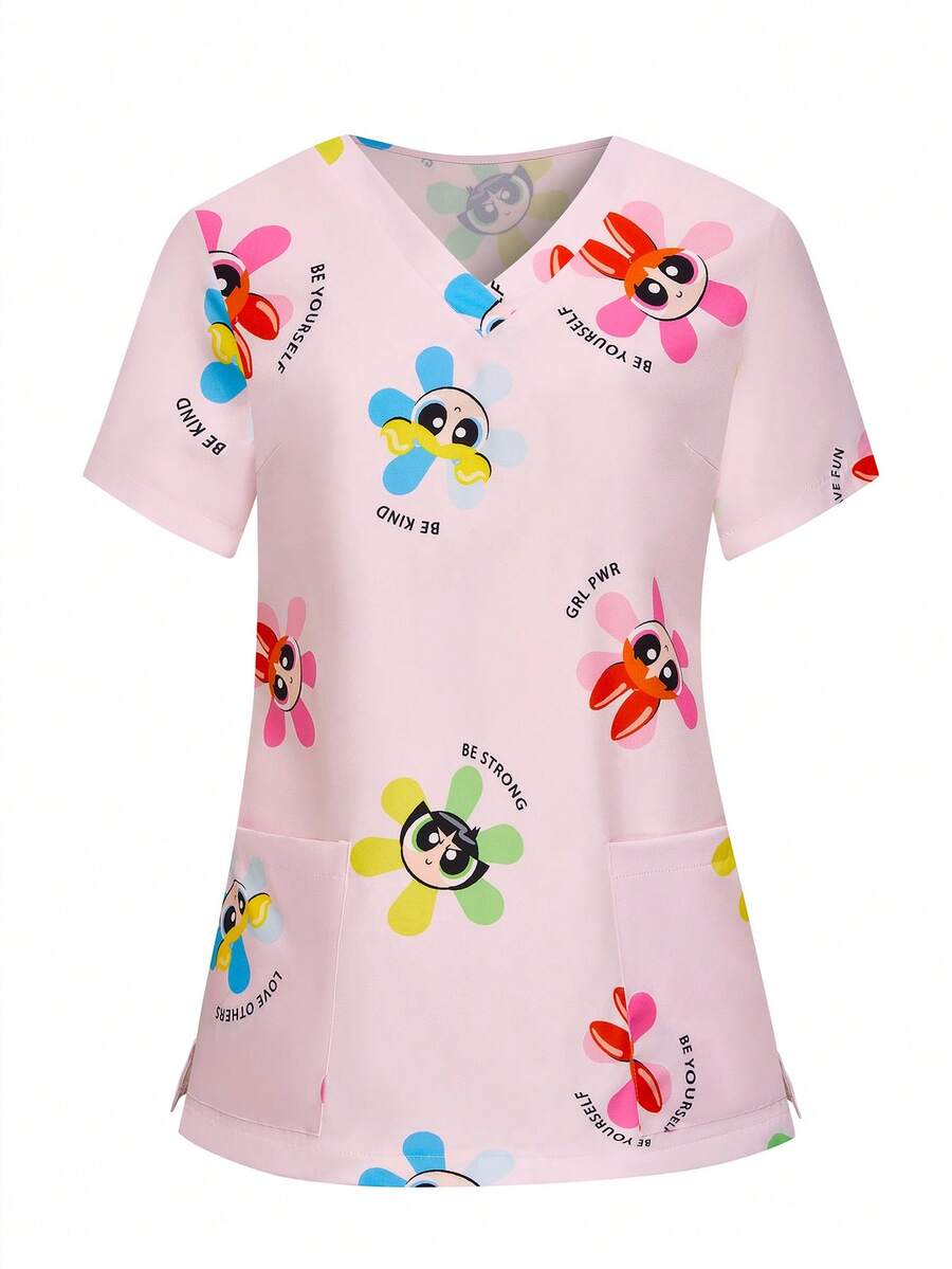 PopScrub THE POWERPUFF GIRLS X SHEIN 女士短袖印花护士服,带口袋设计的短袖上衣 - 淺粉色 - 查看 1