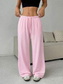 CovetEZ Women's Soft Knit Light Pink Casual Pants, Spring/Summer Wide Leg Sweatpants Comfy Pants Pink Sweatpants - Baby Pink - View 6