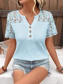 Breezaya Women's Solid Color Lace Splice V-Neck Short Sleeve T-Shirt - Baby Blue - View 5