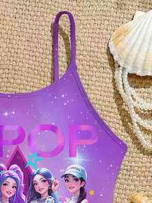 SHEIN Baju Renang Terusan Motif K-POP Warna-warni untuk Anak Perempuan, Cocok untuk Liburan Pantai Musim Panas, Pesta Renang, dan Kolam Renang - MultiWarna - View 2