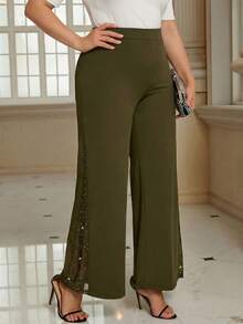 SHEIN Tall CURVE Pantalones acampanados de talla grande de unicolor elegante con parches de malla para uso diario - Verde militar - Ver 5