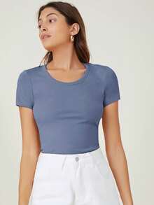 SHEIN BASICS Áo thun tay ngắn, màu trơn, vai thường, ôm dáng, thoải mái, thích hợp cho mùa hè. - Màu xanh bụi bặm - Xem 5