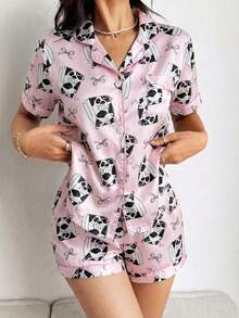 Conjunto de pijama de 2 piezas para niñas grandes, con cuello en pico, botones abajo, mangas cortas, pantalones cortos, de verano, en color rosa con ribete de satén en contraste y estampado lindo de taza de leche. Ropa de dormir, ropa de estar por casa, de tela de seda sintética suave, transpirable y ligera, de moda, elegante y con estilo para niños. - Rosa - Ver 5