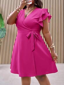 Slaydiva Plus Size Red Double Ruffle Wrap-Style Side Tie Waist A-Line Summer Vacation Dress - Pink - View 7