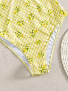 New Arrival Spring/Summer Lemon Print Plaid Casual Beach Vacation One-Piece Swimsuit - Multicolor - View 3