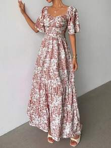 Selianne Summer Short Sleeve Vacation Beach Music Festival Pink Floral Print Dress - Rusty Rose - View 4