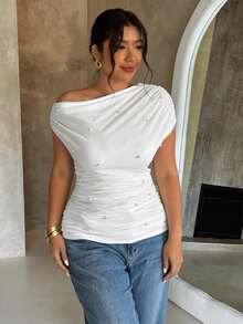 Firerie Plus Size Elegant Solid Color Asymmetric Neck Beaded Decor T-Shirt, Summer - White - View 1