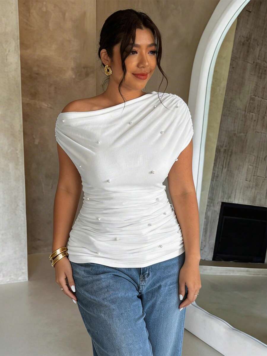 Firerie Plus Size Elegant Solid Color Asymmetric Neck Beaded Decor T-Shirt, Summer - White - View 1
