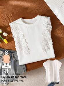 CosyJoli Plus Size Women's Water-Soluble Lace Trim T-Shirt, Blouse, White With Flared Sleeves, Casual Elegant Clothing Tea Party Summer - White - View 3