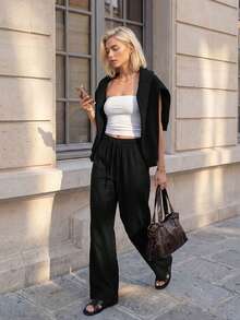 SHEIN ICON Quần nỉ nữ ống rộng màu đen trơn, thoải mái và giản dị, chất liệu dệt kim. - màu đen - Xem 12