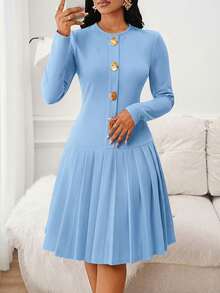 SHEIN Lady 女士优雅金属装饰长袖短裙 - 淺藍色 - 查看 7