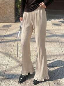 FRIFUL Pantalones acampanados de tela texturizada de unicolor con volantes en el bajo para uso casual y de oficina - Beis - Ver 4