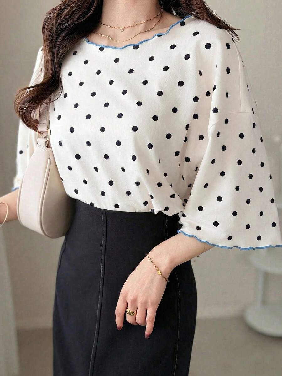 FRIFUL Camiseta de manga corta con cuello y puños de contraste, de corte holgado y con rayas onduladas, para uso casual en verano - Beis - Ver 1