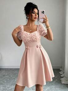 Elenzga Đầm nữ màu trơn cổ tim tay ngắn với nơ hoa 3D trang trí. - Hồng - Xem 5