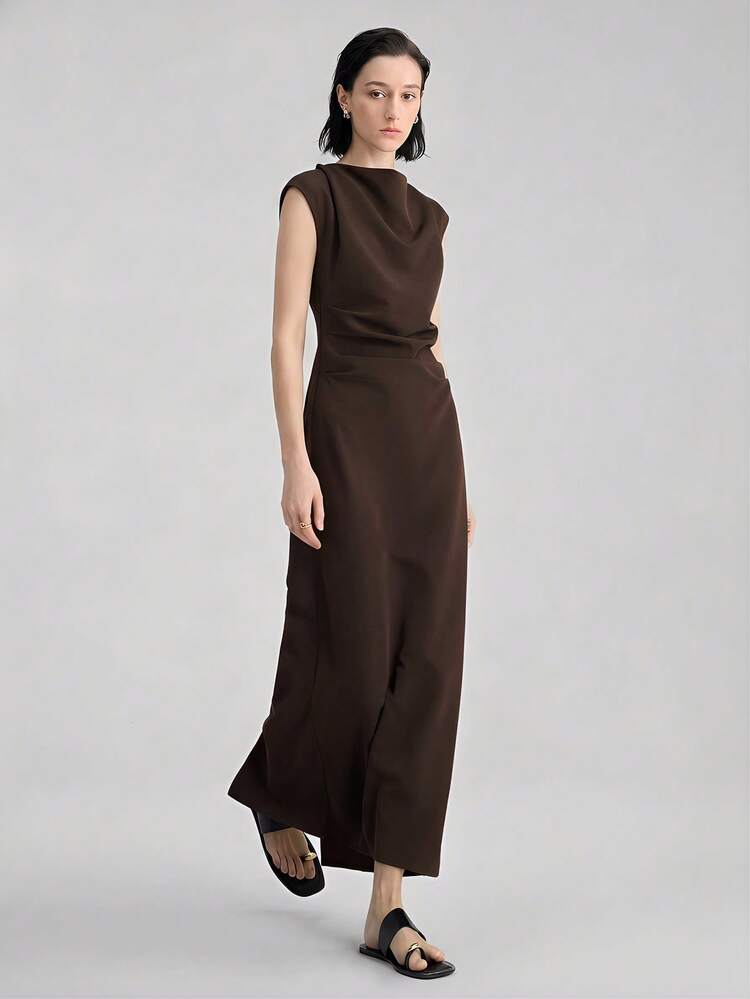 2026 New Spring/Summer Women's Coffee-Colored Woven Fabric Fitted Sleeveless Pleated Dress, Minimalist Fashion Commuter Wear For Valentine's Day & Wedding Season
