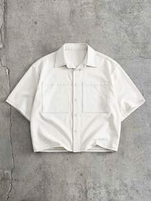 AXEPEAK Men's Plus Size Solid Color Single-Breasted Double Pocket Shirt And Drawstring Waist Loose Cargo Shorts Set - White - View 3