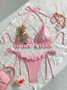 SHEIN Swim 女士花卉亮片荷叶边挂脖比基尼套装，夏季海滩度假 - 粉色 - 查看 1