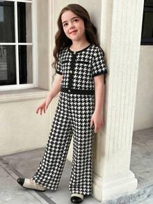 SHEIN Serisse Kids 两件套少女休闲正式优雅返校套装，黑白撞色珍珠纽扣上衣搭配直筒撞色长裤，返校季必备，少女风穿搭 - 黑與白 - 查看 6