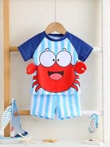 2pcs Baby/Baby Boy Crab Print Blue Striped Contrast Color Long Sleeve Top And Striped Pants Swimwear, Suitable For Vacation, Beach, Surfing, Baby Boy Swimwear, Long Sleeves Swimwear - Multicolor - View 9