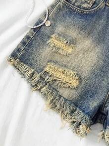 SHEIN Teenager Mädchen Y2K Frühling Sommer Leicht gewaschene Denim-Shorts mit niedriger Taille, ausgefranstem Saum und Rissen, Sommer Strand Boho Urlaubs Shorts, Konzert Festival Casual Rave, Brunch Abschluss Frühlingsfest König's Day Strand Abschluss Casual Schule - Mittele Waschung - Übersicht 7
