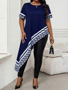 SHEIN Lady Abito asimmetrico taglie forti con orlo asimmetrico, maniche corte, stampa, blu navy, top casual estivo da giorno per donna - Blu Navy - Visualizzare 5