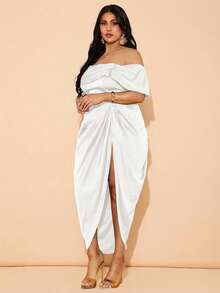 SHEIN BAE Plus Size Women Elegant Draping Mid-Length Dress, Suitable For Weddings, Bridesmaid, Cocktail And Formal Occasions - White - View 7