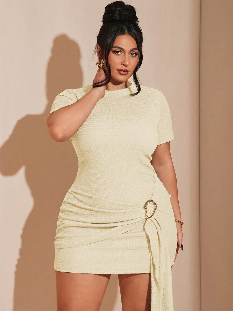 SHEIN BAE Vestido de manga corta marrón con botones de metal dorado para mujer de talla grande, vestido de playa y vacaciones de verano - Albaricoque - Ver 1