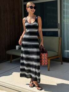 Livesso 春夏黑白条纹撞色拼接吊带连衣裙，休闲度假海滩风，时尚修身中长连衣裙 - 黑與白 - 查看 1