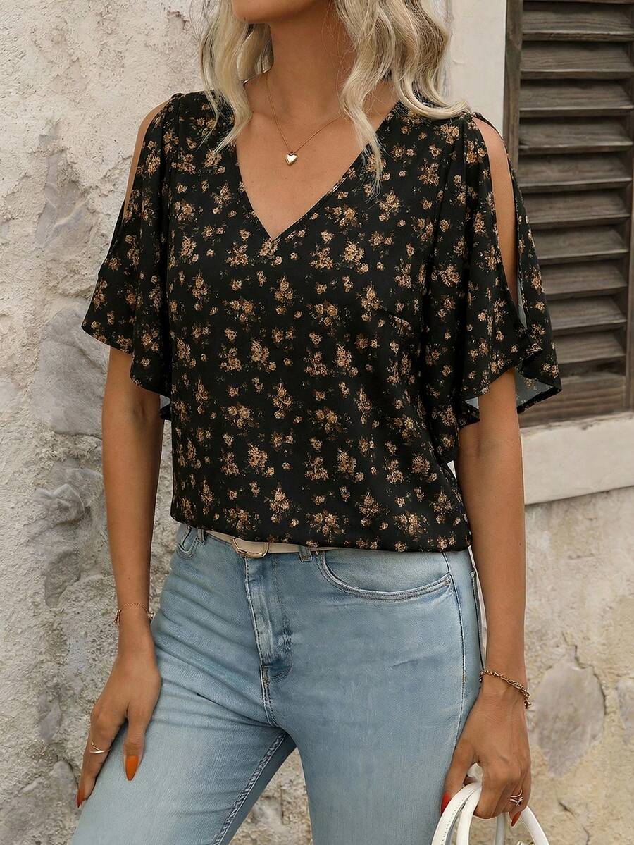 SHEIN Clasi 女士极简印花V领短袖衬衫 - 金色 - 查看 1