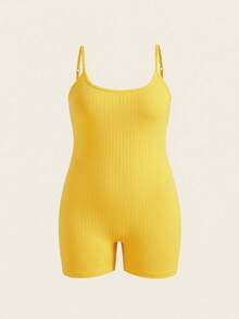 Slaydiva Plus Size Sleeveless Solid Color Romper, Textured Ribbed Lightweight Fabric, Casual & Sports Wear, Spring/Summer - Yellow - View 5