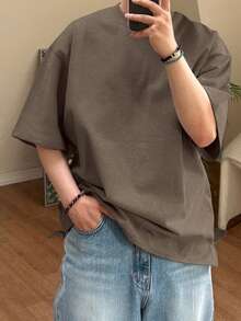 DAZY Men's Summer Solid Color Oversized Crewneck Drop-Shoulder Short Sleeve Casual T-Shirt - Brown - View 6