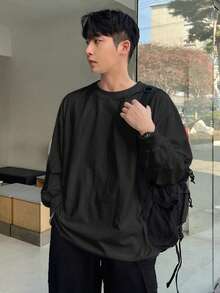 DAZY Men's Casual Solid Color Long Sleeve T-Shirt, Versatile For Autumn, Fall - Black - View 3