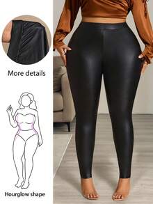 Hourglow 女士秋季服装，冬季加大码女士高腰纯色PU皮紧身裤/秋季/冬季 - 黑色 - 查看 2