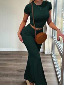 INAWLY Women's Solid Color Short Sleeve Fitted T-Shirt And Pants Casual 2 Pieces Set - Dark Green - View 3