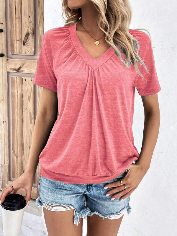 EMERY ROSE Women's Casual Solid Color V-Neck Short Sleeve T-Shirt