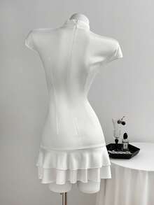 Elamini 女士优雅立领收腰编织中长连衣裙 - 白色 - 查看 2