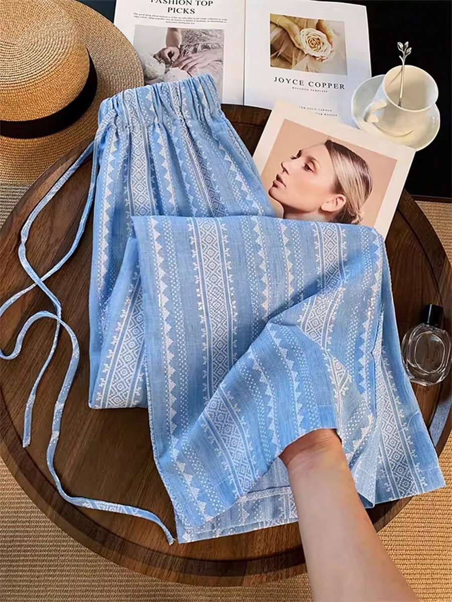 GlowEve Quần dài ống rộng in họa tiết dành cho nữ, phong cách Bohemian, thích hợp cho du lịch, đi biển, chụp ảnh đường phố, trang phục mùa hè, quần ống rộng thoải mái. - Xanh và trắng - Xem 1