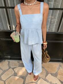 Serisse Women's Summer Casual Striped Ruffle Hem Tie Back Top And Pants 2 Piece Set - Blue and White - View 3