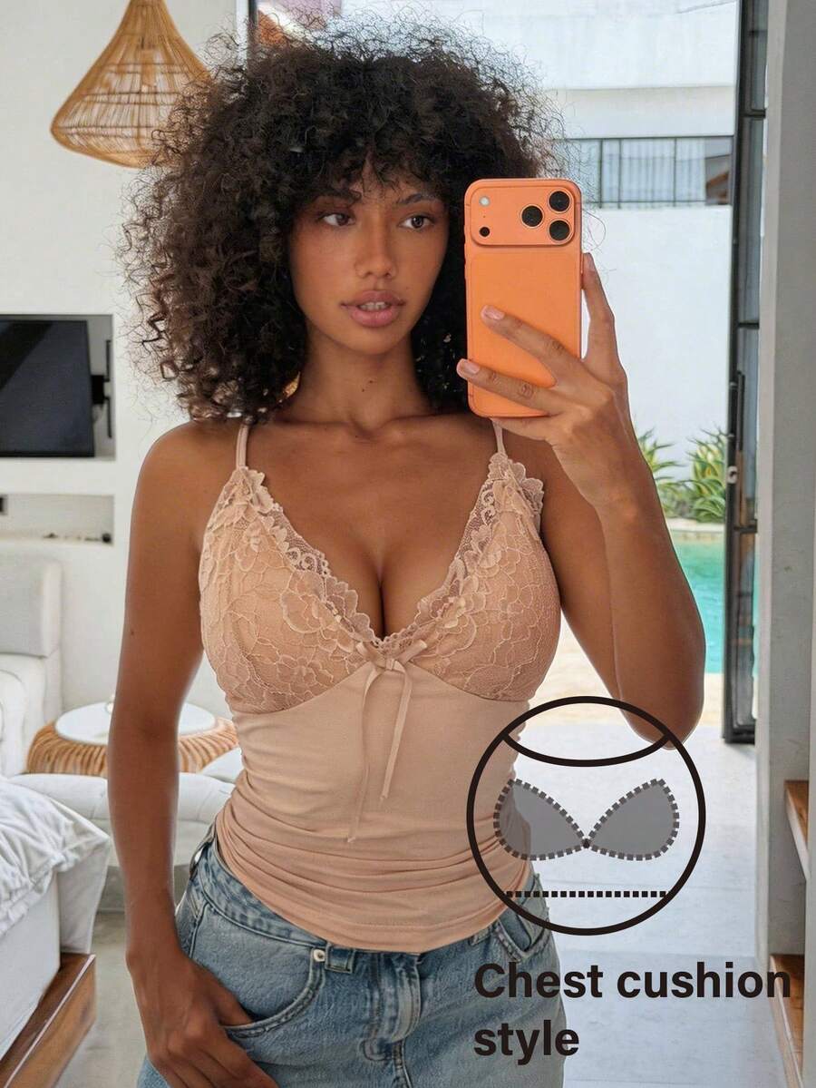 Livesso Charming Lace Patchwork Built-In Padded Camisole Top For Women Summer - Apricot - View 1