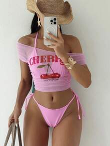Bonvoyette Bộ đồ bơi 3 mảnh dành cho nữ: Áo khoác lưới không dây in họa tiết quả anh đào + Bikini cổ yếm màu đỏ, gợi cảm và thời trang, thích hợp cho kỳ nghỉ biển. - Hồng - Xem 1