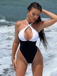 Swim SXY Bộ đồ bơi liền mảnh xẻ cao màu đen và trắng, trang phục đi biển mùa hè dành cho nữ - Đen và trắng - Xem 3