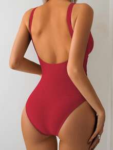 SHEIN Swim 女士休闲褶皱拼接露背连体泳衣，适合运动和海滩穿着 - 紅色 - 查看 2