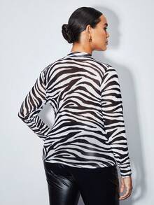 Maija Plus Size Women Zebra Striped Turtleneck Long Sleeve Mesh Top, Spring To Summer Spring Valentine's Day Party Beach Wedding Vacation Casual Women Party Top Beach Summer Holiday Beach Vacation Summer Going Out Graduation Easter Festival Dresses Beach Summer Holiday Beach Vacation Summer Going Out Graduation  Casual Holiday Beach Cruise Travel  Romantic, Fashion, Versatile; Suitable For Summer Vacation, Comfortable, Bohemian Style, Beach Wear, Simple Daily Wear, Country Style, Essential, Solid Color, Holiday Casual, Decent, Single Lady,Y2k - Black and White - View 2