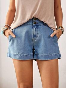 EMERY ROSE Quần short denim dáng rộng, có cúc cài ở eo và túi, dành cho nữ, cỡ lớn. - Màu xanh lam - Xem 7