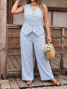 SHEIN CURVE+ Kích cỡ US22 Lễ hội âm nhạc, Kỳ nghỉ biển, Phong cách Bohemia Bộ đồ hai mảnh nữ thường ngày kẻ sọc xanh trắng + họa tiết nơ, thích hợp mặc hàng ngày, Xuân/Hè, Áo không tay và quần dài, Vải crepe không co giãn in sọc, Thời trang đơn giản, Thích hợp đi làm và đi nghỉ, Bộ áo vest không tay, Trang phục đi nghỉ mát cho nữ, Trang phục mùa hè cho nữ, Bộ hai mảnh cho nữ, Trang phục đi nghỉ lễ đảo Phục Sinh - Màu xanh lam - Xem 7