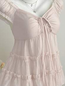 Elamini Camisa de mujer de tela texturizada amarilla con pliegues y dobladillo con capas, romántica y casual - Rosa Pálido - Ver 4